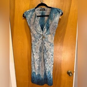 Roberto Cavalli Teal and Beige Snake Print Midi Dress